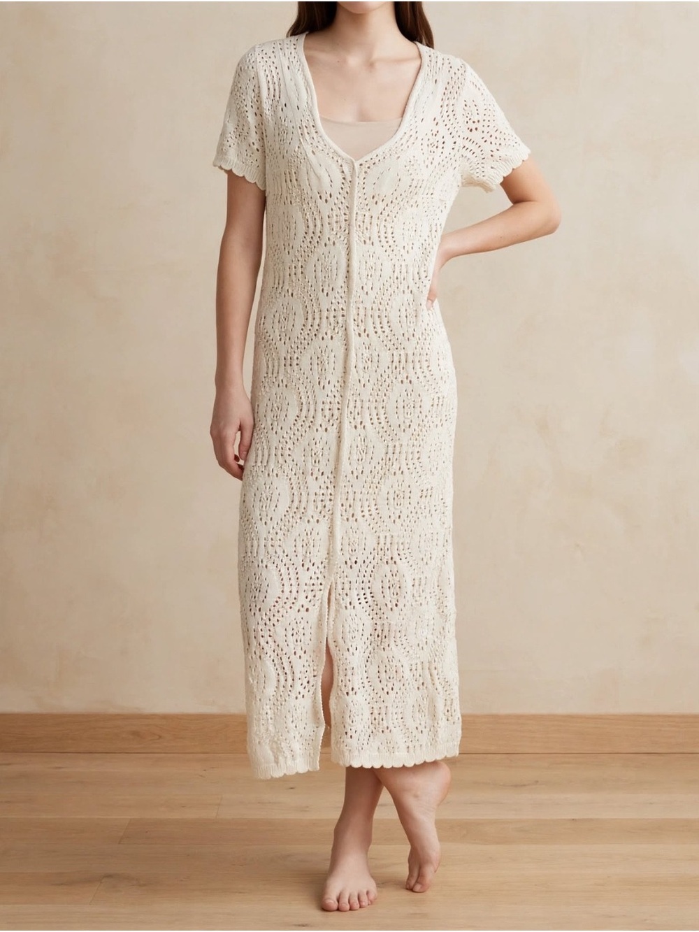 Universal Thread Cream Crochet V-Neck Short Sleeve Swim Coverup Dress